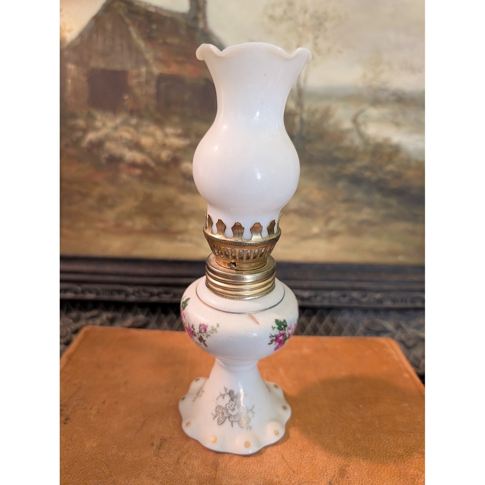 Vintage Miniature Milk Glass Oil Lamp Pink Floral Rose Gold Gilt 7 Inch